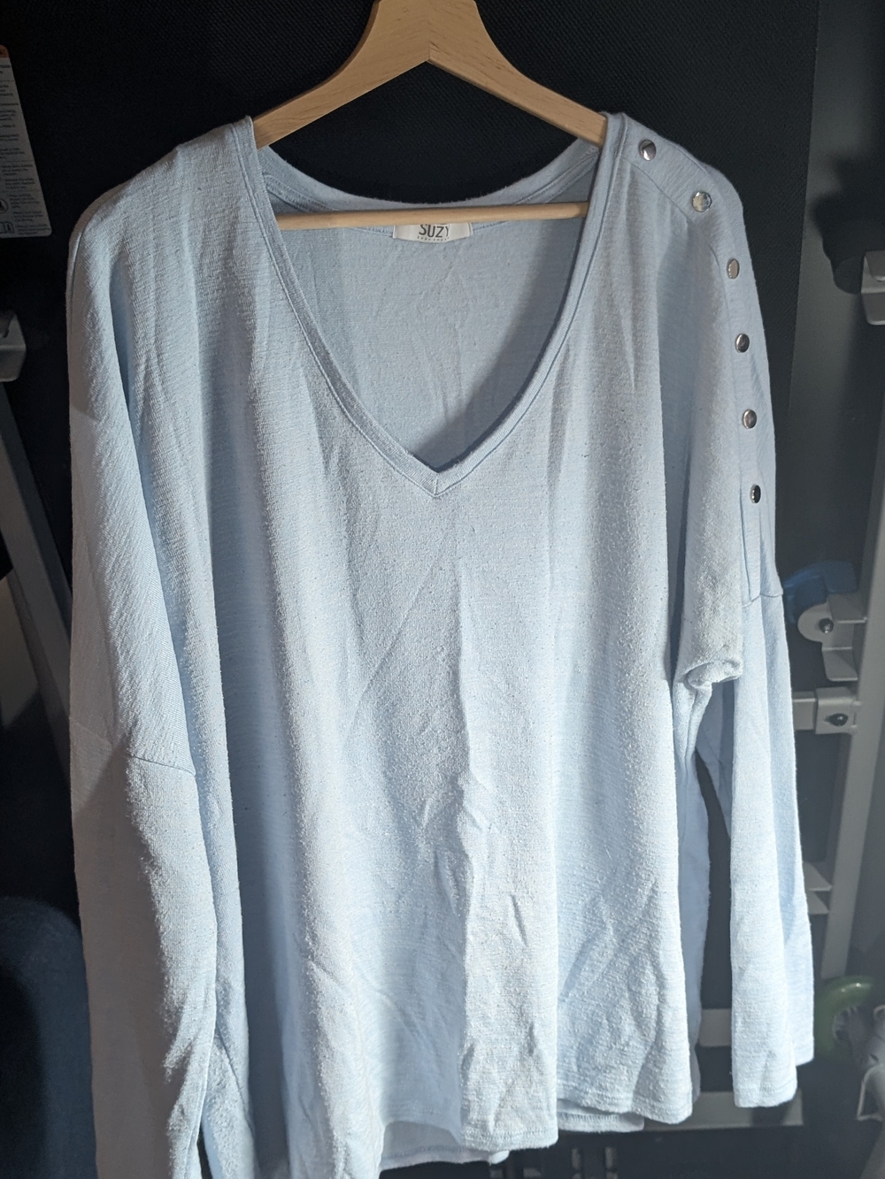 Suzy Shier Light Blue Long Sleeve V-Neck Top with Shoulder Snap Detail